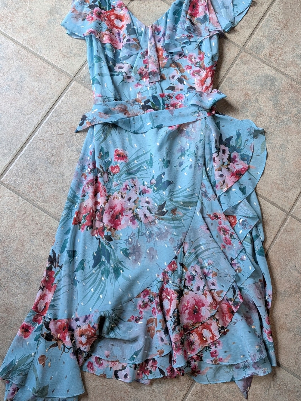 Eliza J Floral Chiffon Ruffle Midi Wrap Dress Light Blue Size 8